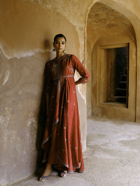 Red anarkali drape set