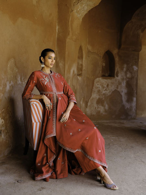 Red anarkali drape set