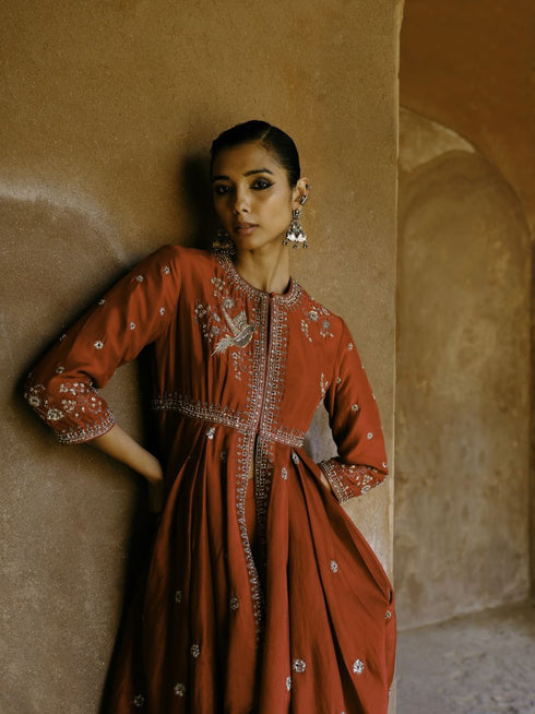 Red anarkali drape set