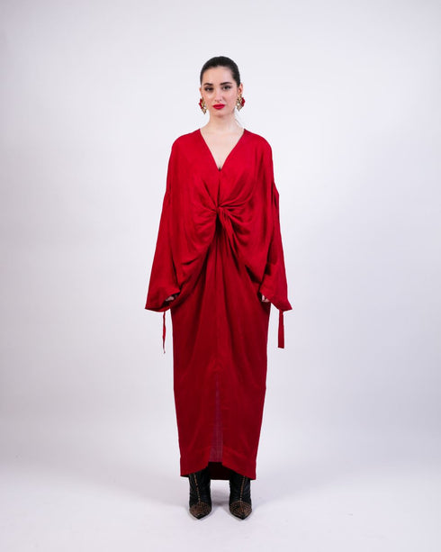 Red coin embroidered knotted kaftan