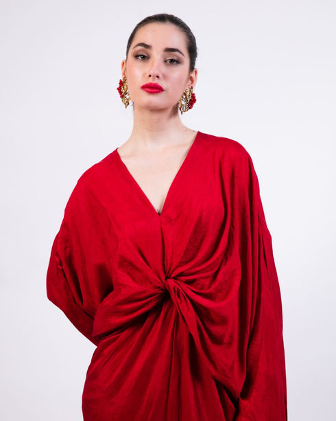 Red coin embroidered knotted kaftan