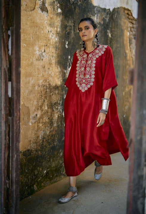 Red embroidered silk kaftan