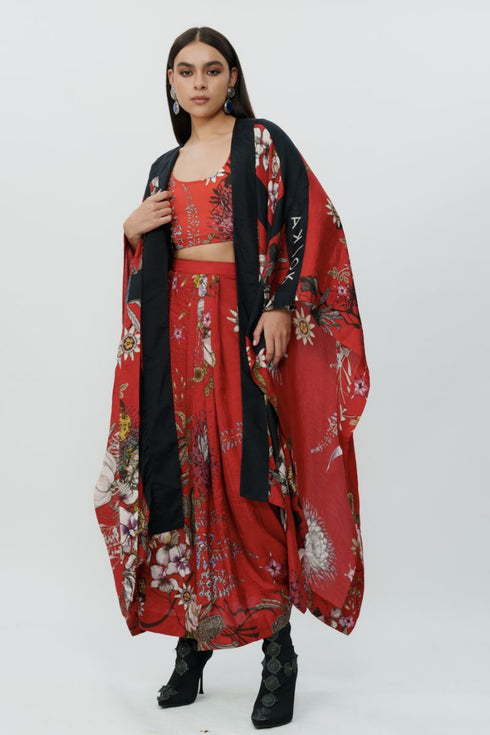 Red floral long cape with crop top & lungi skirt