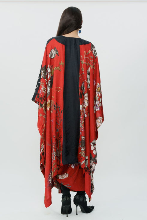Red floral long cape with crop top & lungi skirt