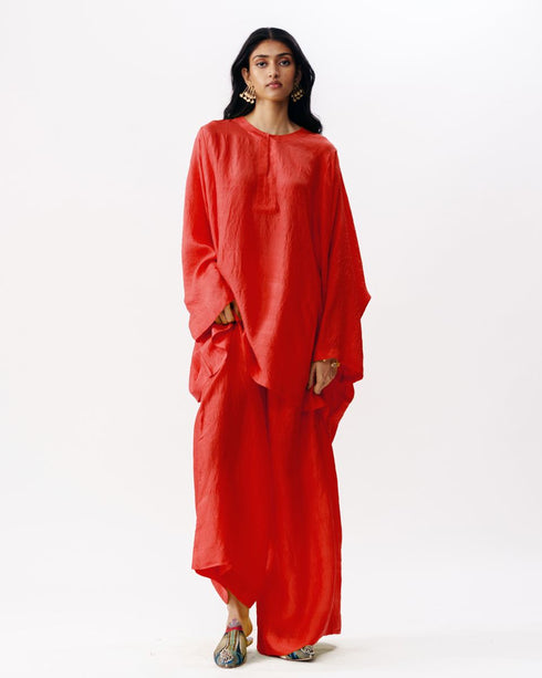 Red short boxy kurta with broad pants