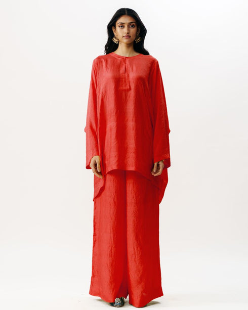 Red short boxy kurta with broad pants