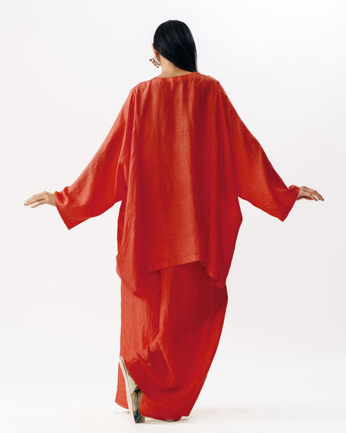 Red short boxy kurta with broad pants
