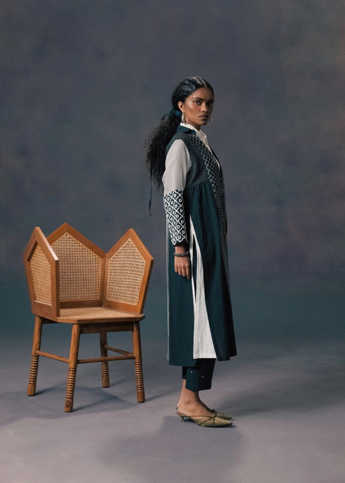 Resonance indigo jacket with ivory tunic and pants