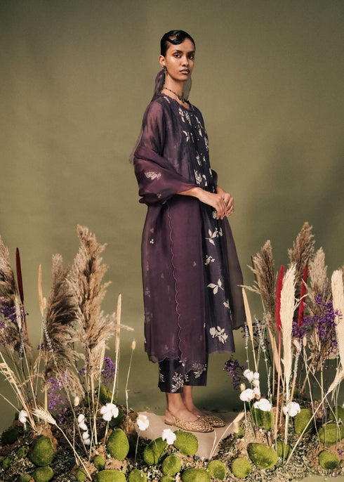 Resonance lavender discharge print pleated tunic set