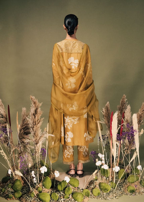 Resonance moss green discharge print embroidered tunic set