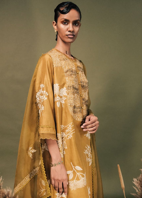 Resonance moss green discharge print embroidered tunic set