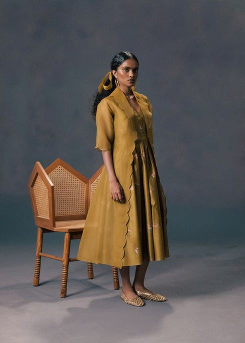 Resonance moss green scalloped jacket with strap dress