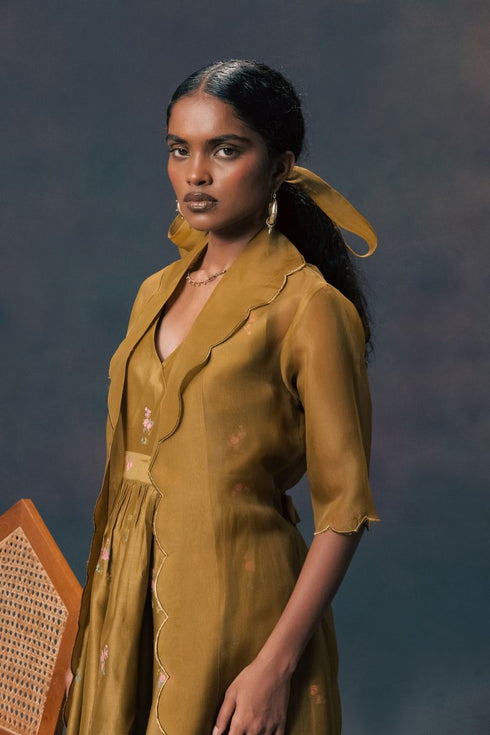 Resonance moss green scalloped jacket with strap dress