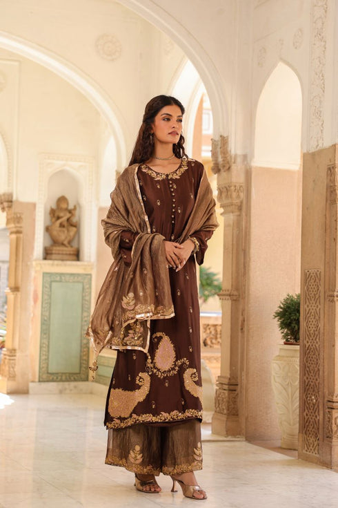 Riwayat brown and purple applique long kurta set