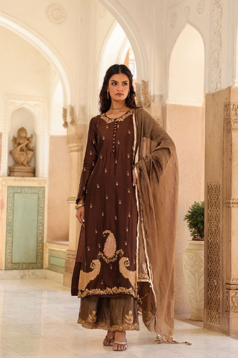 Riwayat brown and purple applique long kurta set