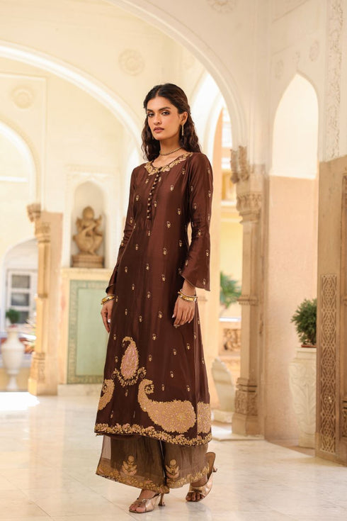 Riwayat brown and purple applique long kurta set
