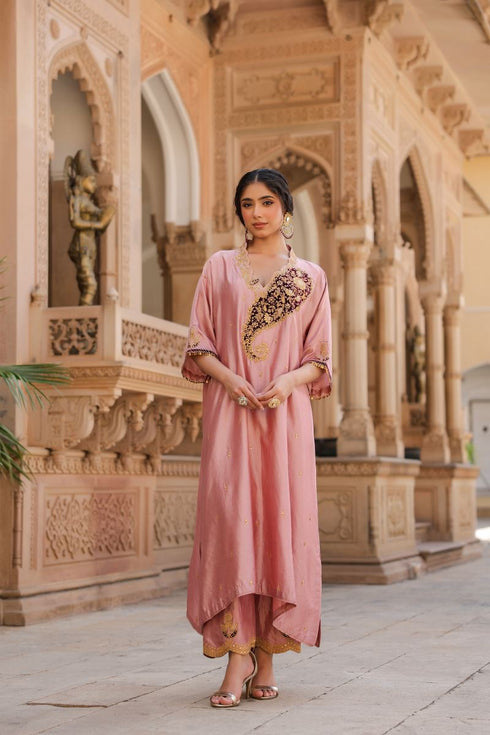 Riwayat light pink and wine kaftan set