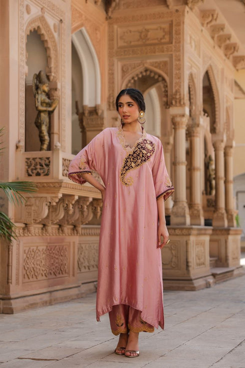 Riwayat light pink and wine kaftan set