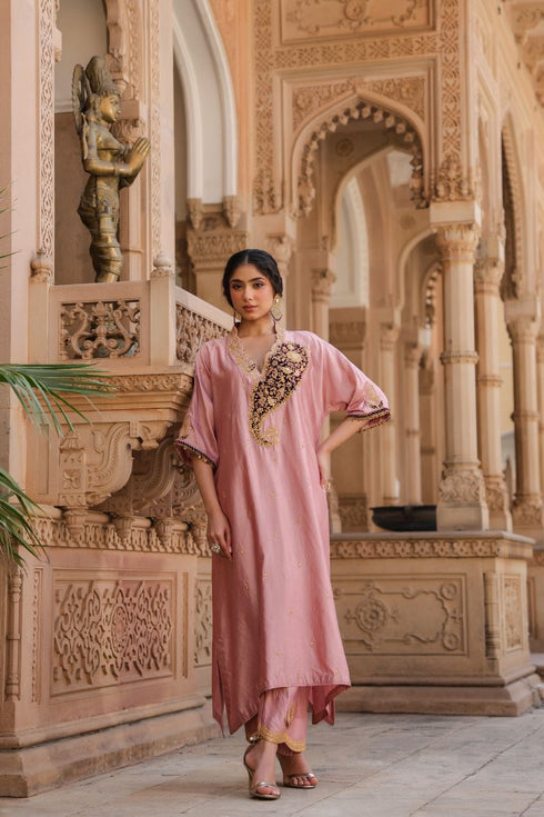 Riwayat light pink and wine kaftan set