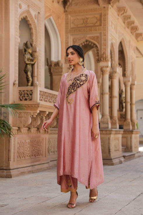 Riwayat light pink and wine kaftan set