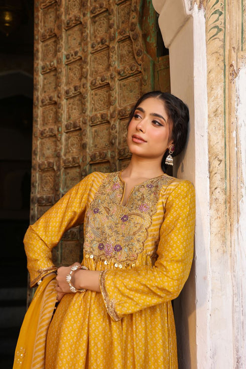 Riwayat mustard printed frockstyle kurta set