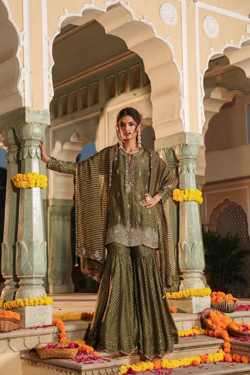 Riwayat olive green printed sharara set