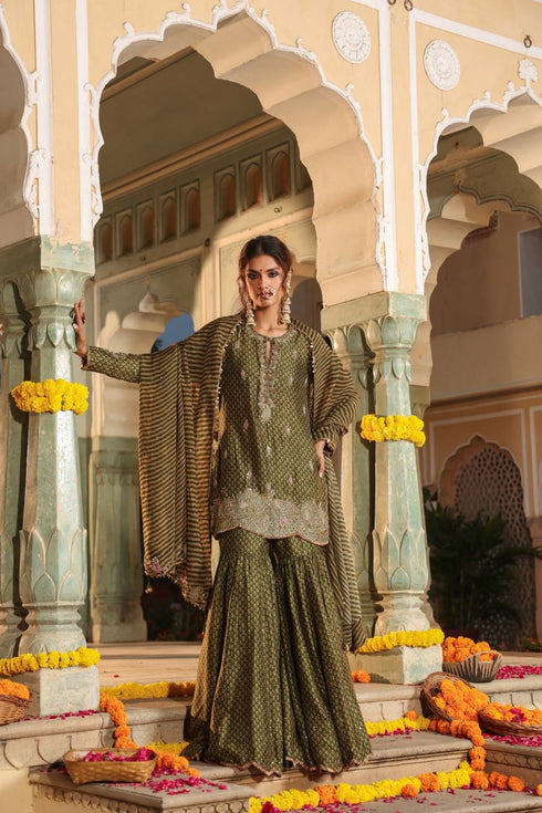Riwayat olive green printed sharara set