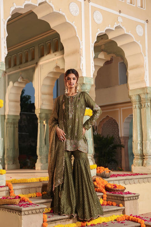 Riwayat olive green printed sharara set