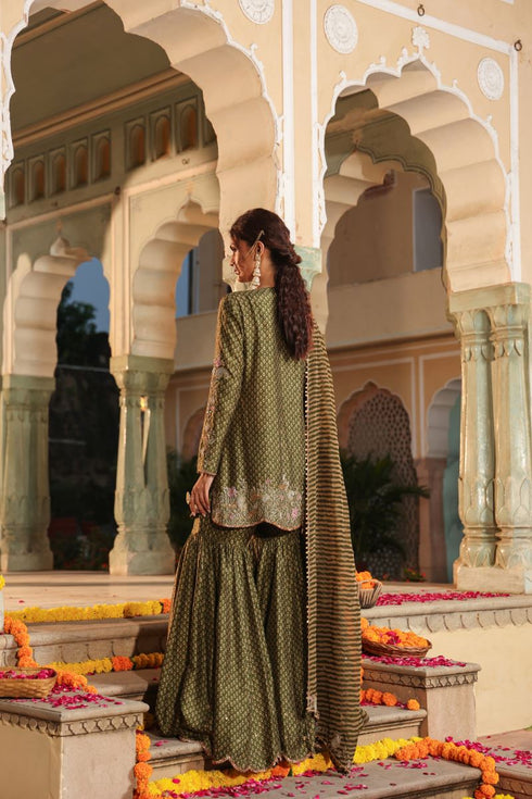 Riwayat olive green printed sharara set