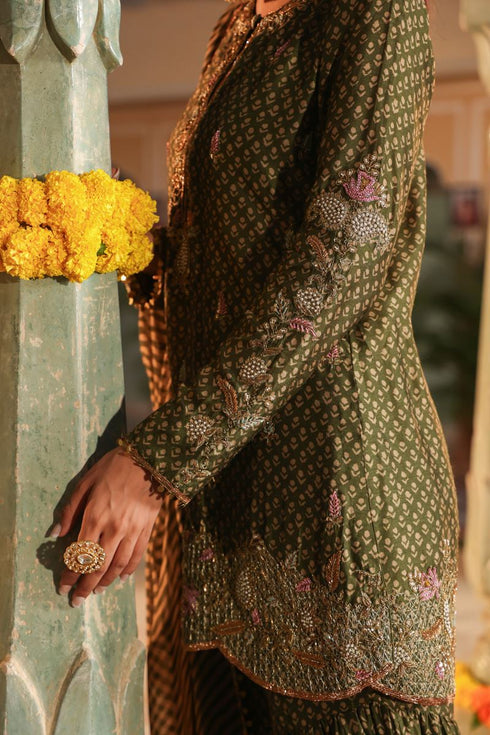 Riwayat olive green printed sharara set