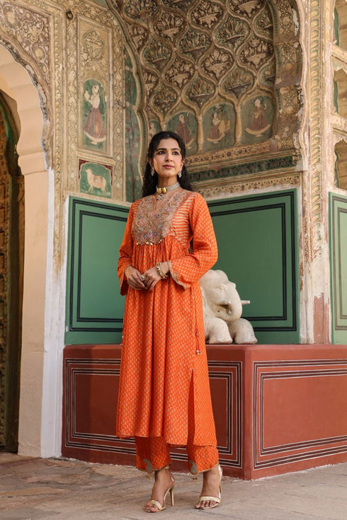 Riwayat orange printed frockstyle kurta set
