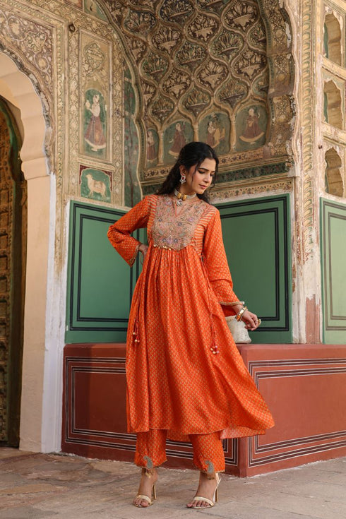 Riwayat orange printed frockstyle kurta set