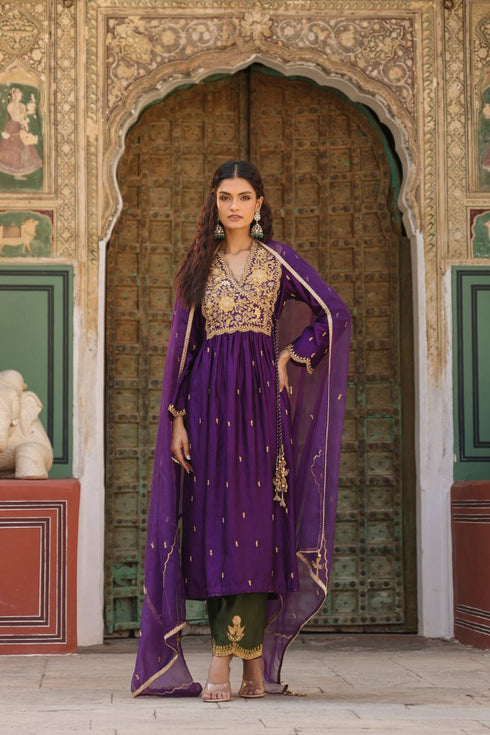 Riwayat purple and green overlap frockstyle kurta set