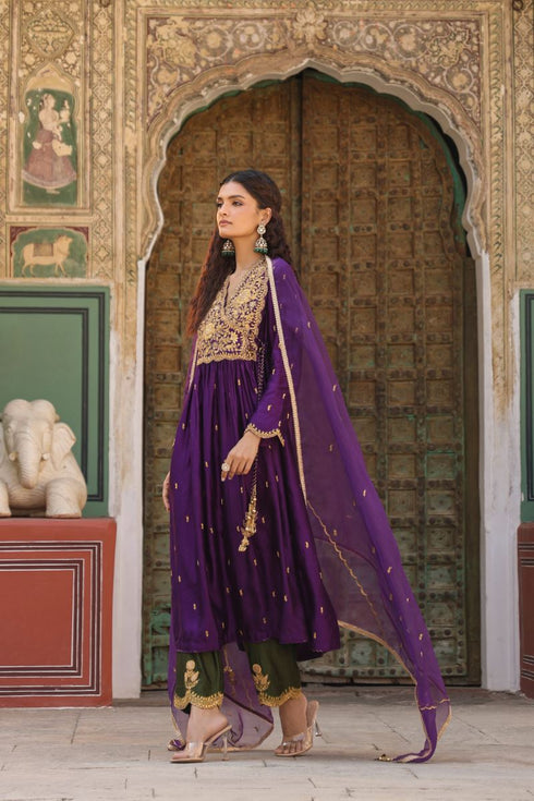 Riwayat purple and green overlap frockstyle kurta set