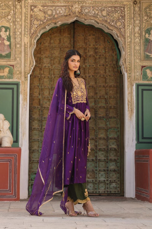 Riwayat purple and green overlap frockstyle kurta set