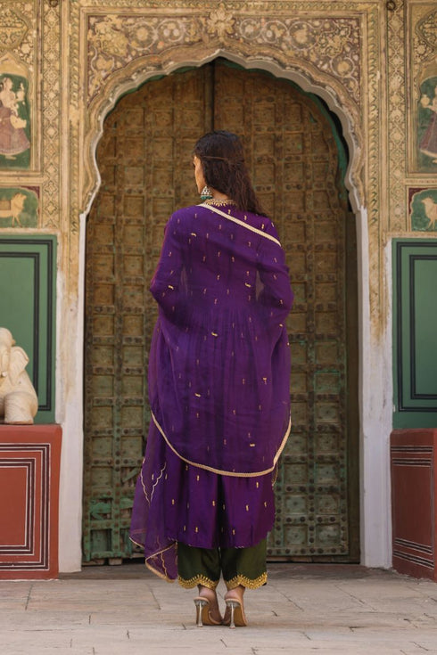 Riwayat purple and green overlap frockstyle kurta set