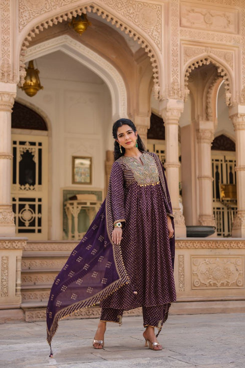 Riwayat purple printed frockstyle kurta set