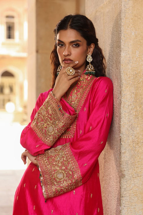 Riwayat shocking pink stand collar set