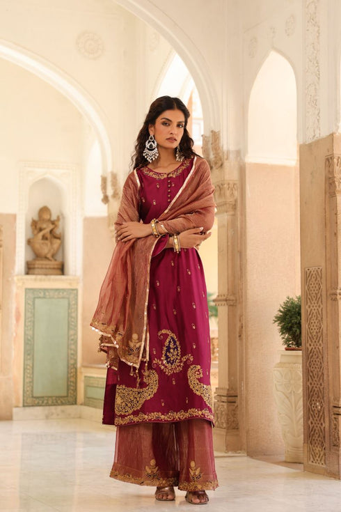 Riwayat wine and light pink applique long kurta set