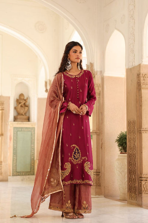 Riwayat wine and light pink applique long kurta set