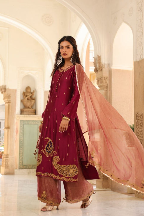 Riwayat wine and light pink applique long kurta set
