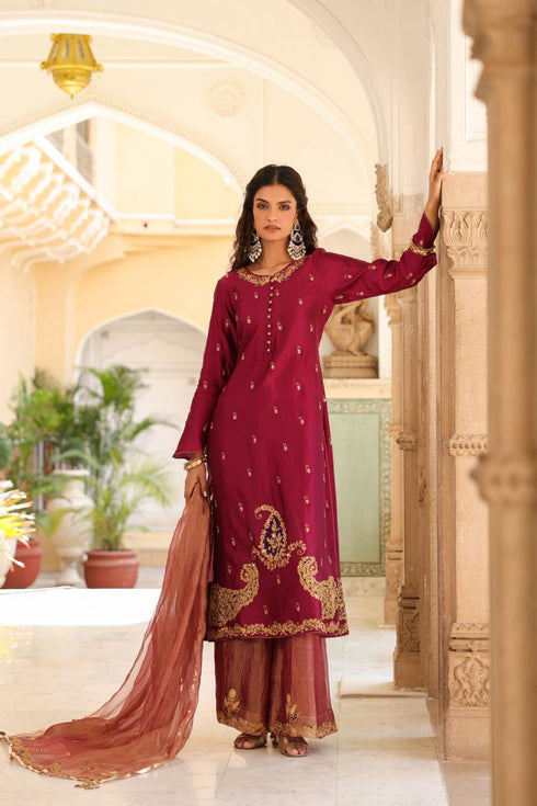 Riwayat wine and light pink applique long kurta set
