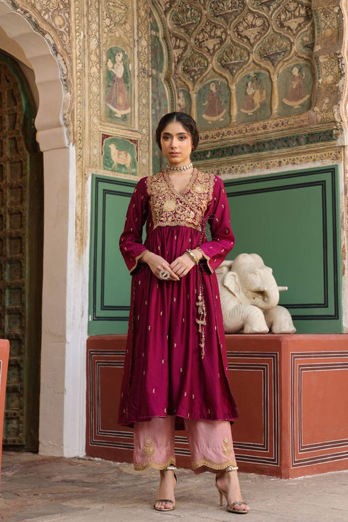 Riwayat wine and light pink overlap frockstyle kurta set