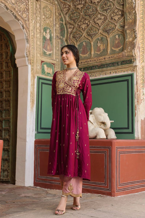 Riwayat wine and light pink overlap frockstyle kurta set