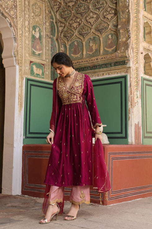Riwayat wine and light pink overlap frockstyle kurta set