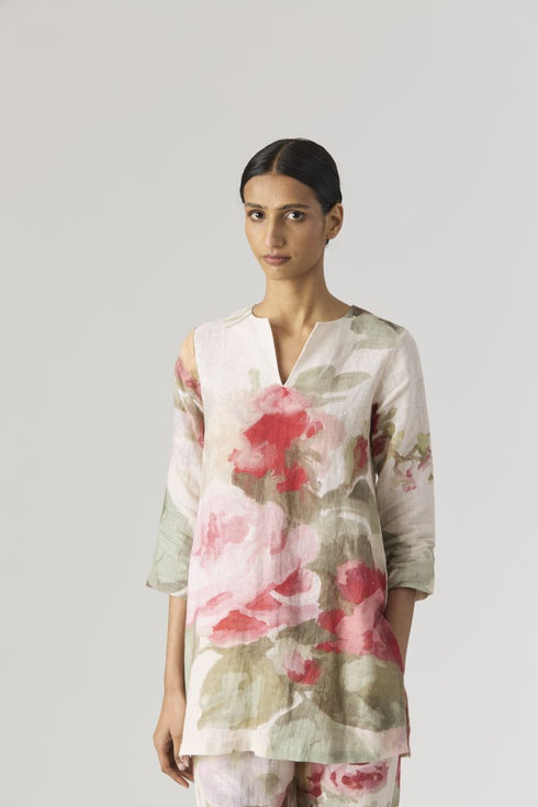 Roma rose beige short linen kurta set