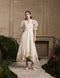 Rose ivory and gold pleated embroidered flounce dress