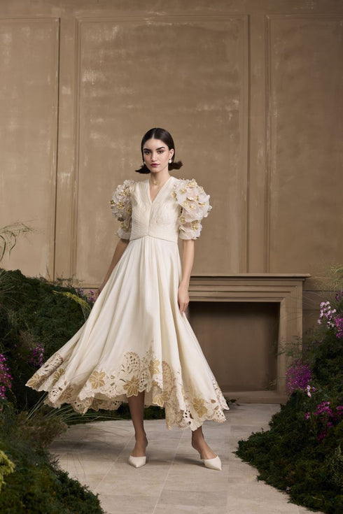 Rose ivory and gold pleated embroidered flounce dress