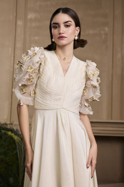 Rose ivory and gold pleated embroidered flounce dress