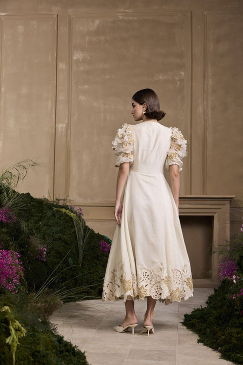 Rose ivory and gold pleated embroidered flounce dress